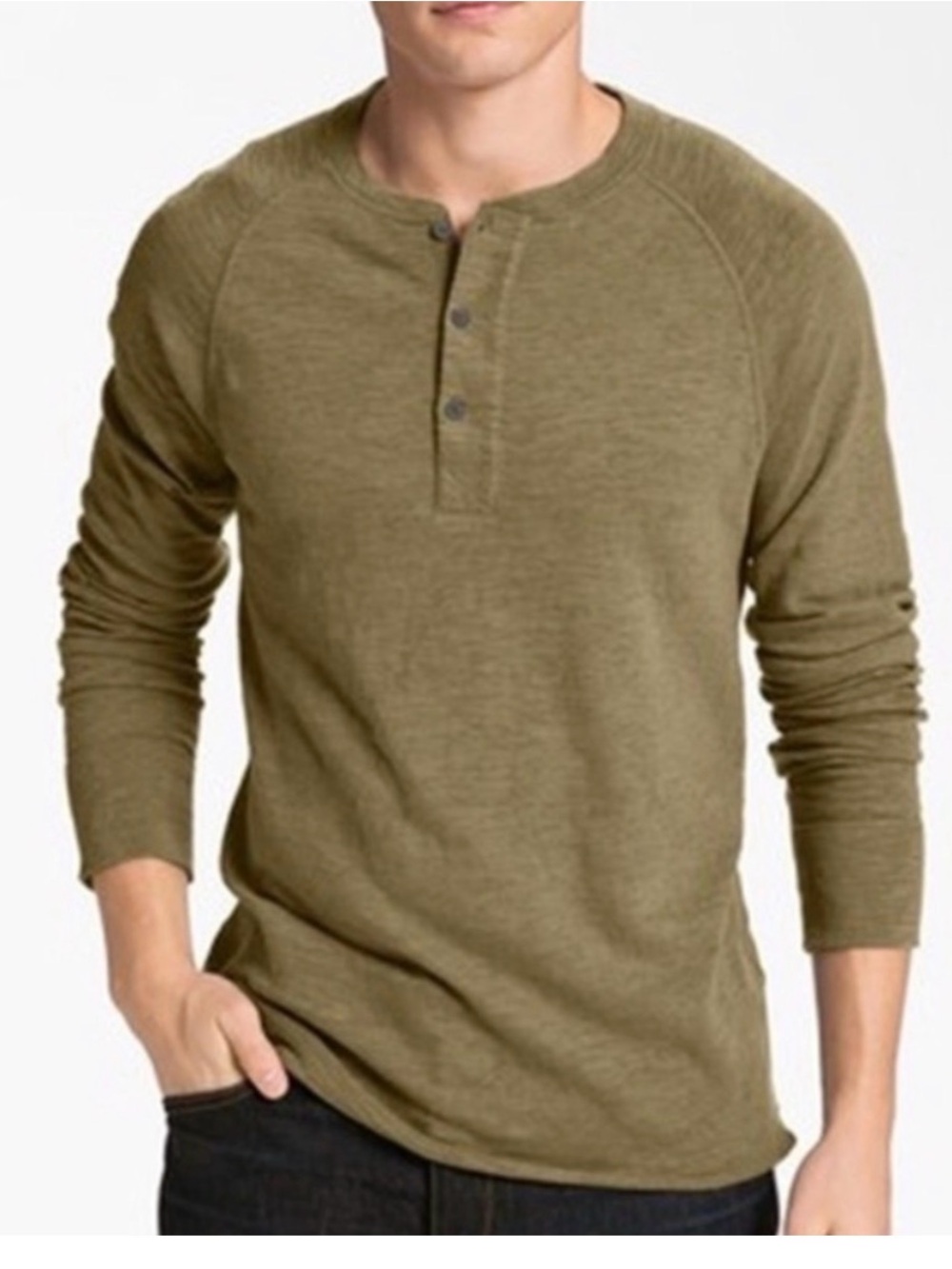 Rag & Bone Men’s Olive Green Long Sleeve Henley Shirt 3 Button Cotton Size LG